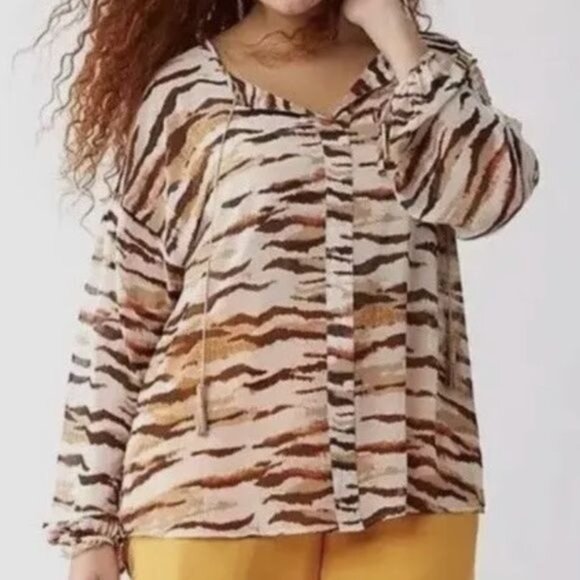 Lane Bryant Top Women 18 Brown Animal Print Tassel Sheer Safari Neutral Resort - Picture 1 of 12